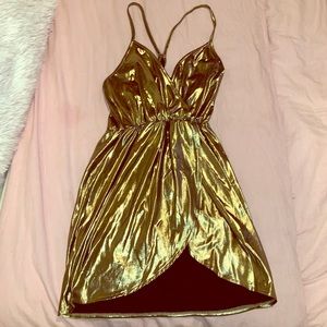 Gold Deep Cut Flowy Mini Dress